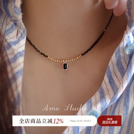 AMO黑金派对黑尖晶金珠项链女小众高级叠戴毛衣链复古串珠锁骨链