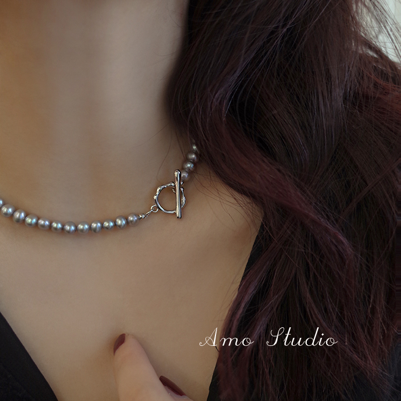 AMO灰珍珠项链小众OT扣设计
