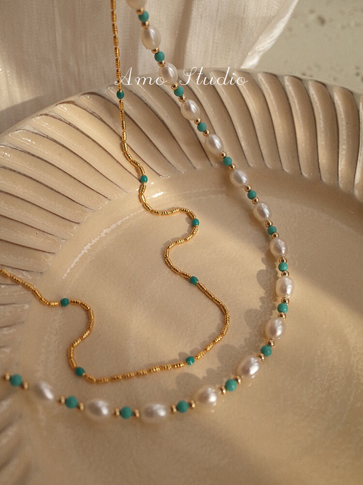 AMO 오리지널 반여름 천연 청록색 진주 목걸이 여성용 라이트 럭셔리 틈새 복고풍 하이 엔드 디자인 쇄골 체인