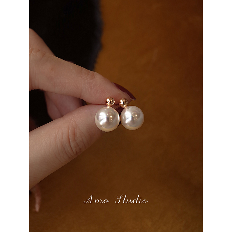 AMO人造珍珠金珠耳环女纯银气质