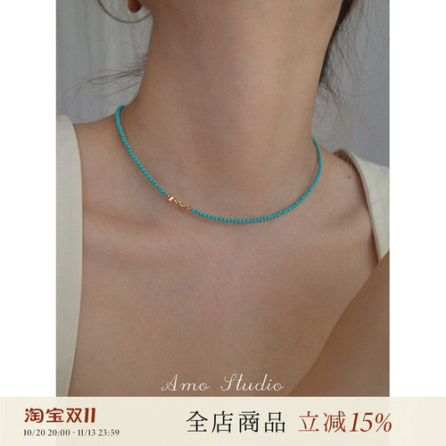 AMO天然绿松石碎银项链女小众