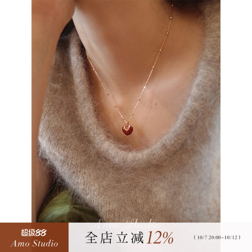 AMO红色爱心项链女复古甜美小众