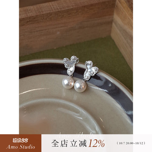 天然贝母蝴蝶人造珍珠耳环女温柔