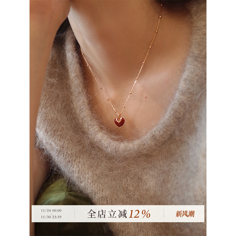 AMO红色爱心项链女复古甜美小众