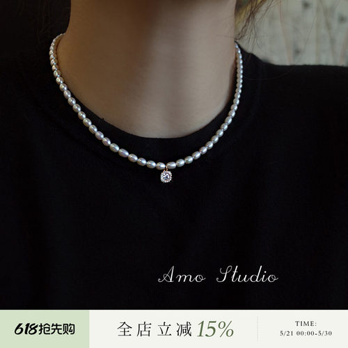 AMO水滴方块天然珍珠项链小众