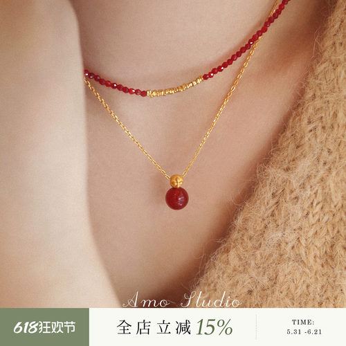 AMO天然红玛瑙项链女本命年国风
