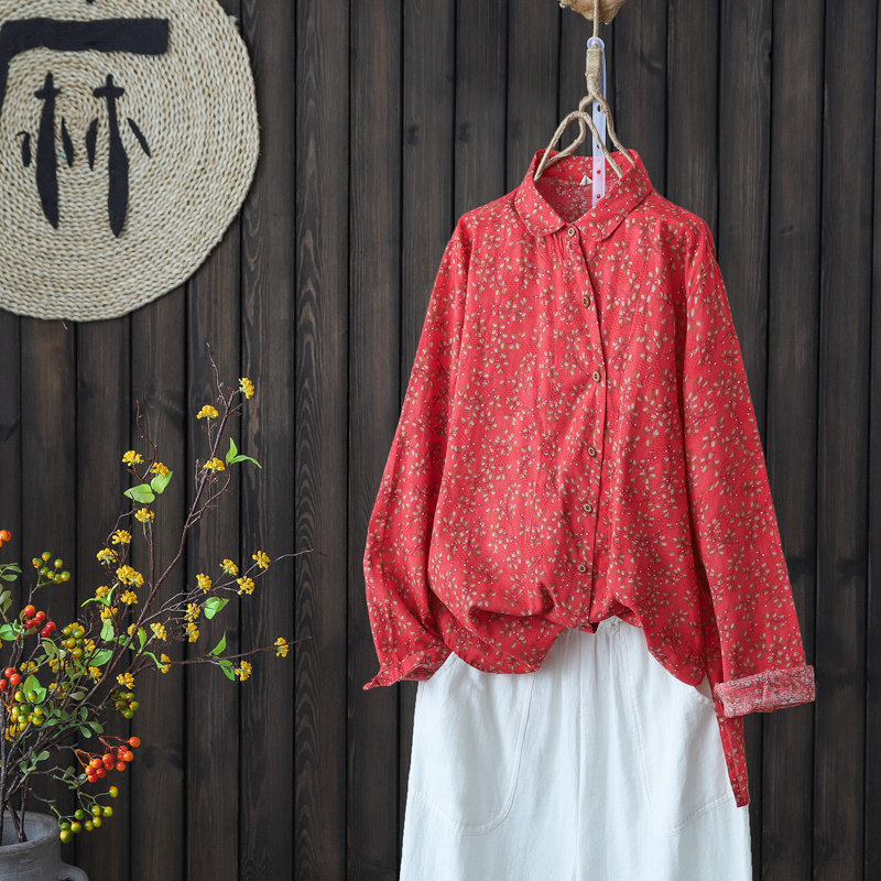 复古宽松斜襟纽扣印花长袖衬衫上衣文艺碎花不规则下摆棉麻女衬衣|ruв категории Женская одежда, рубашка - от Buy2taobao.com для оказания профессиональной услуги покупки агента Taobao