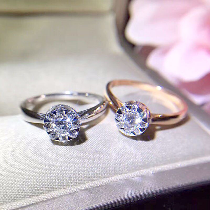 18k金15分钻石八围一群镶圆形戒指女 白金色 玫瑰金显钻结婚钻戒