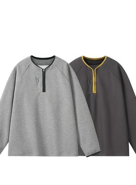 YANSANXIA秋季无领异色包边华夫格长袖卫衣男美式半拉链套头上衣