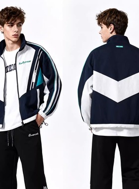 REAL SPACE潮牌美式复古拼接撞色立领夹克运动男学生宽松休闲外套