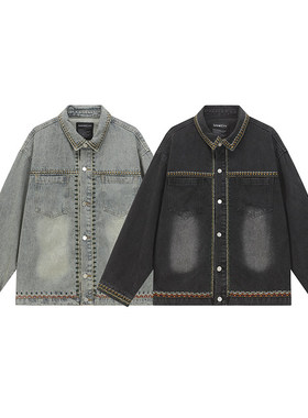 SANWEIYU 2025秋季新款潮牌复古男女秋装刺绣花边纯色牛仔夹克
