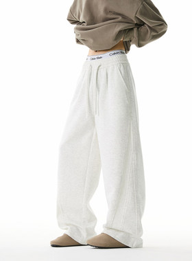 PUBIE美式秋季美式白花灰卫裤男士简约百搭粗抽绳松紧腰阔腿裤子