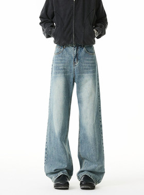 PUBIE高街水洗猫须微喇牛仔裤男款秋季潮牌宽松显瘦百搭直筒长裤