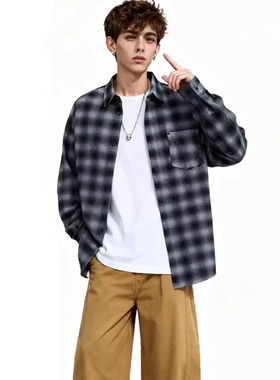 SANHOMME秋季青少年潮牌美式复古格子衬衫男女青少年宽松通勤衬衣