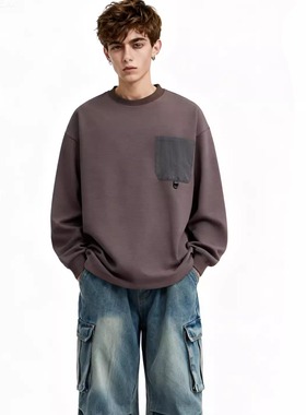 SANHOMME美式复古原创潮牌卫衣圆领贴口袋长袖宽松高级休闲外套男