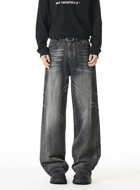 PUBIE美式复古2025微喇牛仔裤男秋季新款黑色闪电纹宽松直筒长裤