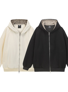 SANWEIYU美式新款潮牌复古男女撞色格子帽子连帽百搭拉链卫衣外套