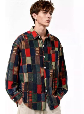 REAL SPACE美式风格满花原创衬衫小众高街设计感衬衣外套复古男装