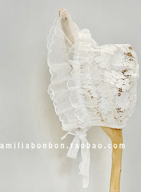 新生婴儿宫廷帽夏季薄款满月女宝宝白色蕾丝镂空防晒遮阳公主帽子