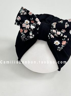 婴儿护囟门帽子春夏女宝宝黑色复古小碎花蝴蝶结印度帽可爱套头帽