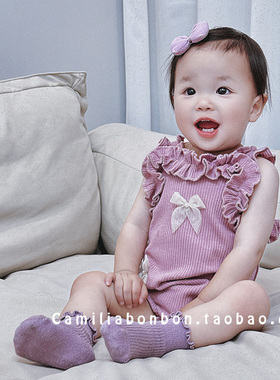 韩版婴儿夏季吊带包屁衣女宝宝紫色可爱蝴蝶结连身哈衣三角爬服