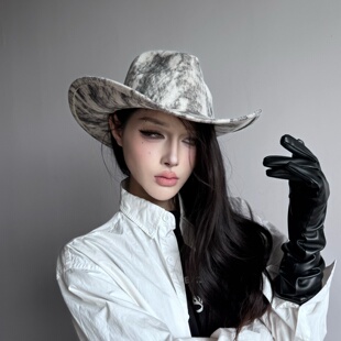 小众哥特风晕染pu皮质卷边西部牛仔帽子女秋冬英伦复古爵士礼帽男