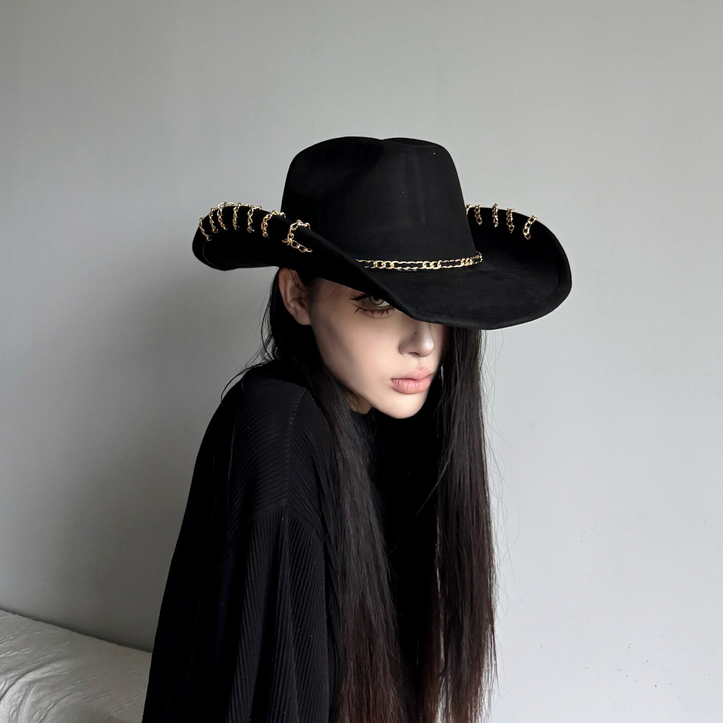 小众哥特风亚文化链条卷边麂皮绒爵士礼帽秋冬男女暗黑系牛仔帽子