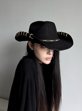 小众哥特风亚文化链条卷边麂皮绒爵士礼帽秋冬男女暗黑系牛仔帽子