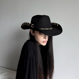 小众哥特风亚文化链条卷边麂皮绒爵士礼帽秋冬男女暗黑系牛仔帽子