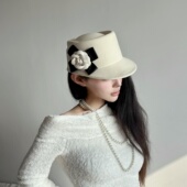 法式 小香风山茶花朵羊毛呢凹槽顶海军帽子女秋冬英伦风马术骑士帽