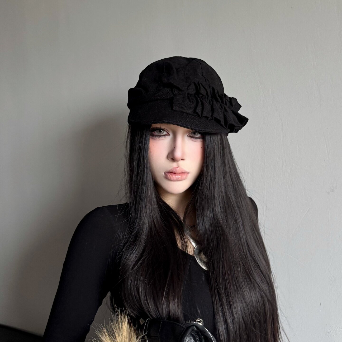 小众哥特风褶皱花边棉麻布鸭舌帽子女春夏天遮阳显脸小画家报童帽