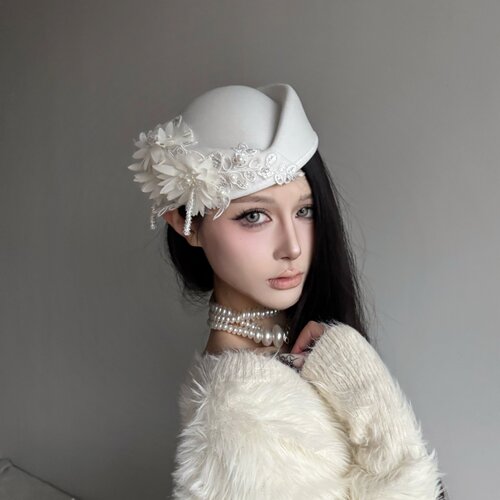 流苏珍珠蕾丝仿毛呢空姐帽子女潮