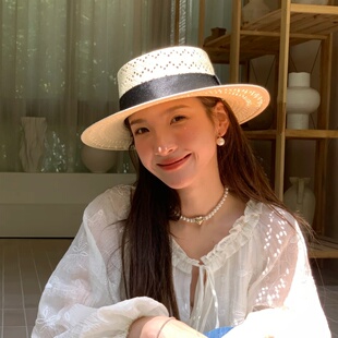 法式 海边度假防晒遮阳透气礼帽 高档轻奢镂空网眼平顶草帽子女夏季