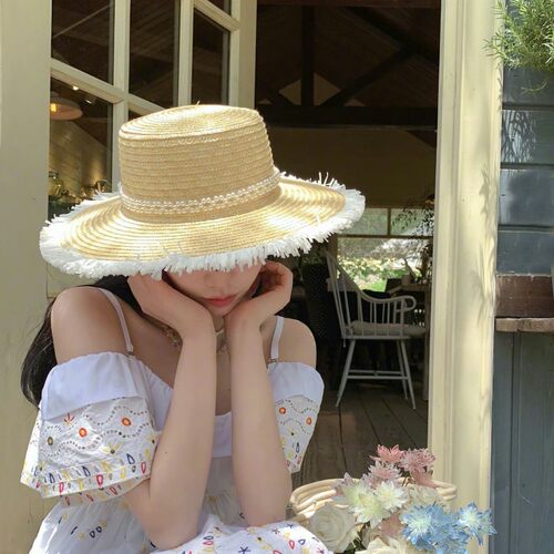 珍珠链条毛边麦秆草帽ins风女夏
