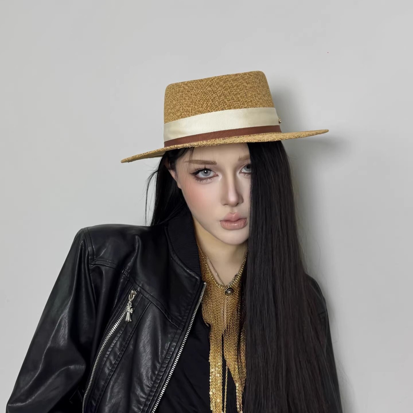 欧美英伦风棉麻纱凹槽平顶草帽女夏天遮阳防晒轻薄透气平檐礼帽子