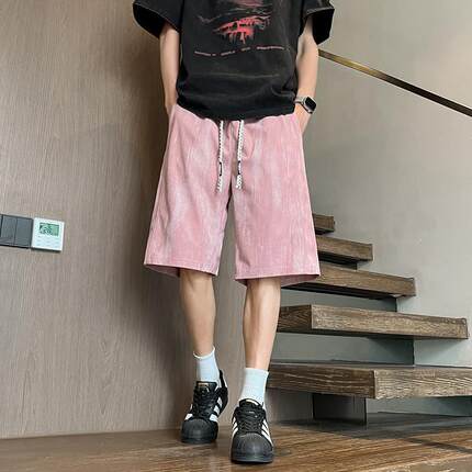 夏季新款粉色抽绳扎染五分裤男薄款美式复古松弛感休闲直筒短裤潮
