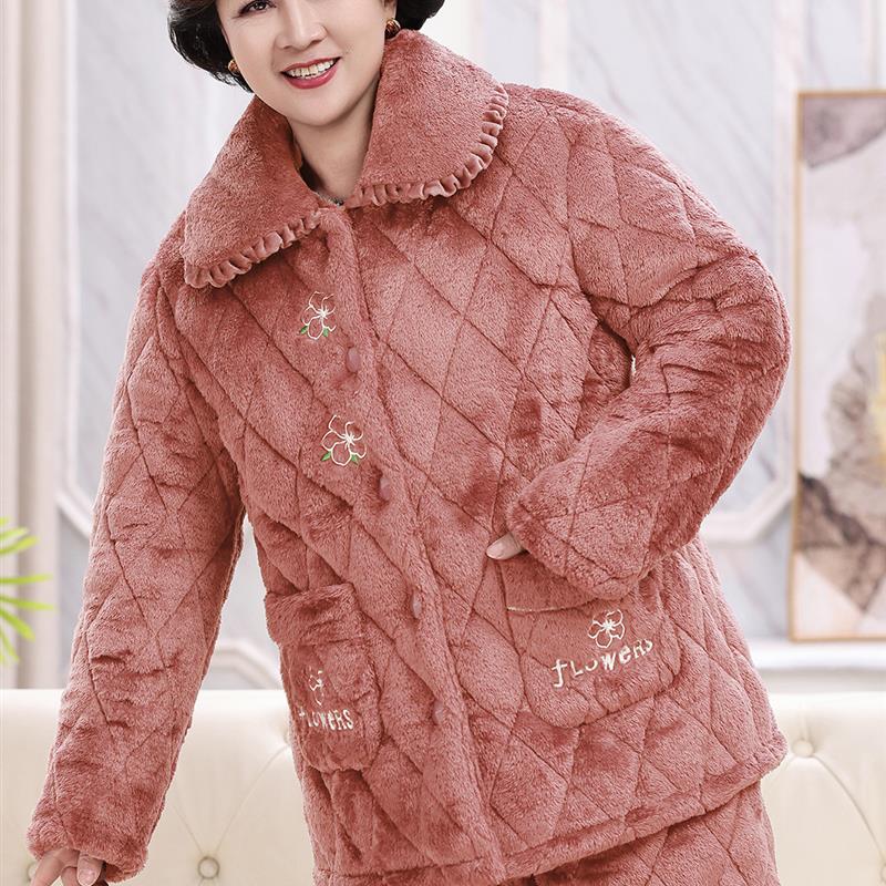 中老年三层夹棉睡衣秋冬季女士妈妈奶奶保暖棉袄女加绒加厚家居服