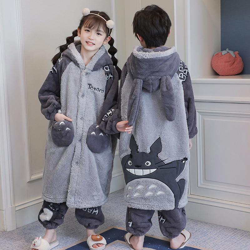 儿童睡衣冬季加厚加绒款珊瑚绒睡袍男童女孩卡通家居服法兰绒套装
