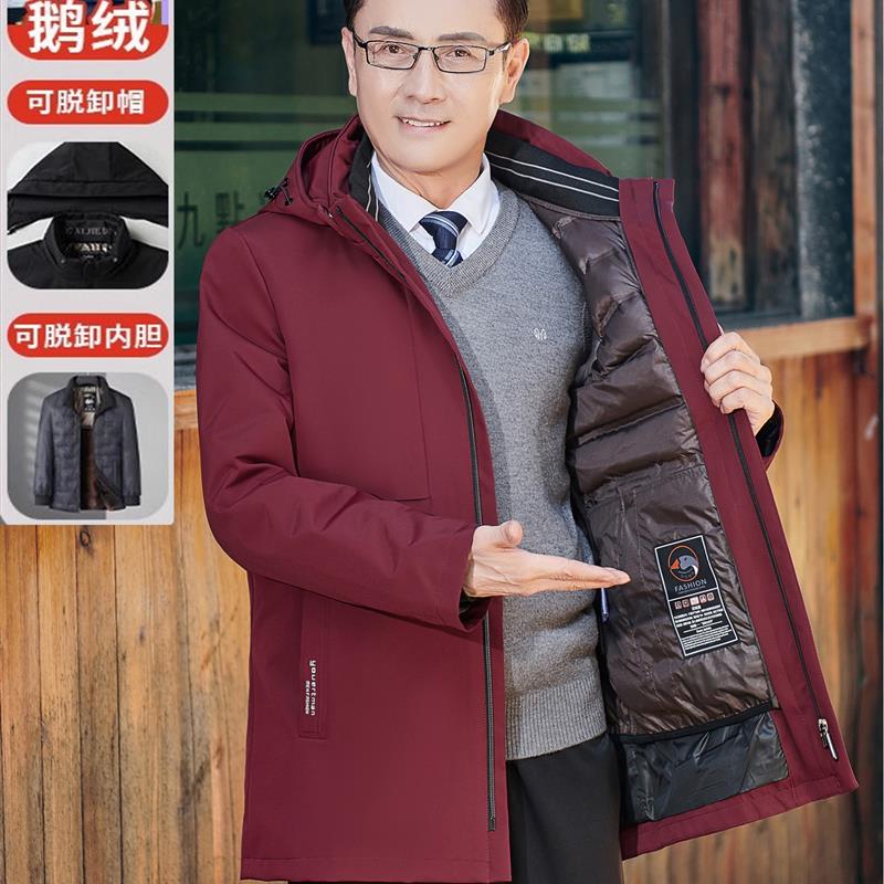 爸爸冬装羽绒服中老年男士加厚保暖外套拆卸内胆本命年红色鹅绒服