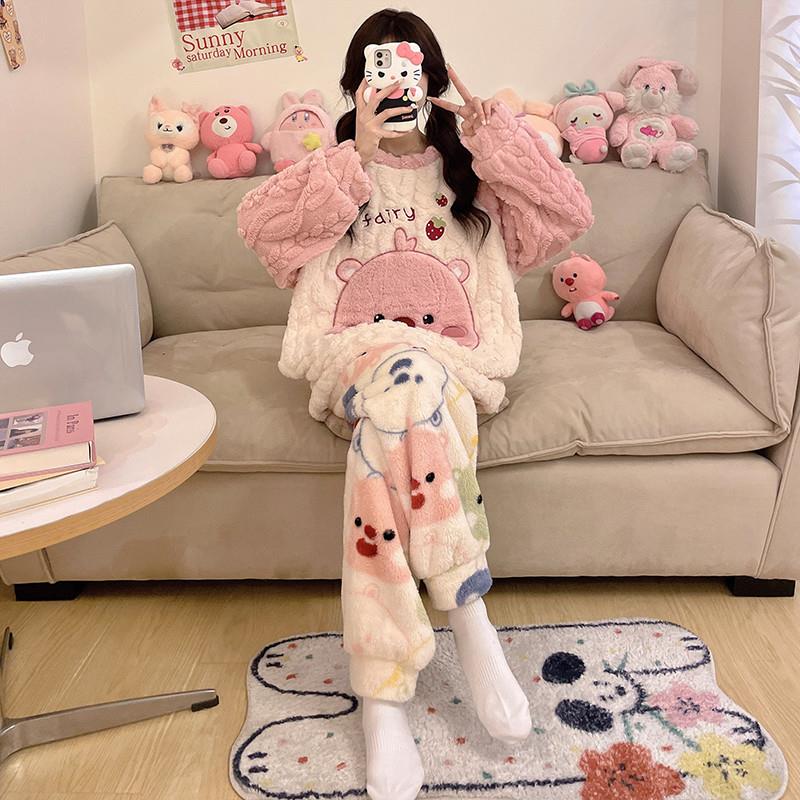 女童睡衣冬季珊瑚绒加厚加绒胖MM法兰绒大童学生宿舍穿家居服套装