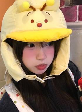 可爱黄色蜜蜂小熊护耳雷锋帽女冬季加厚保暖防风防寒滑雪飞行帽子