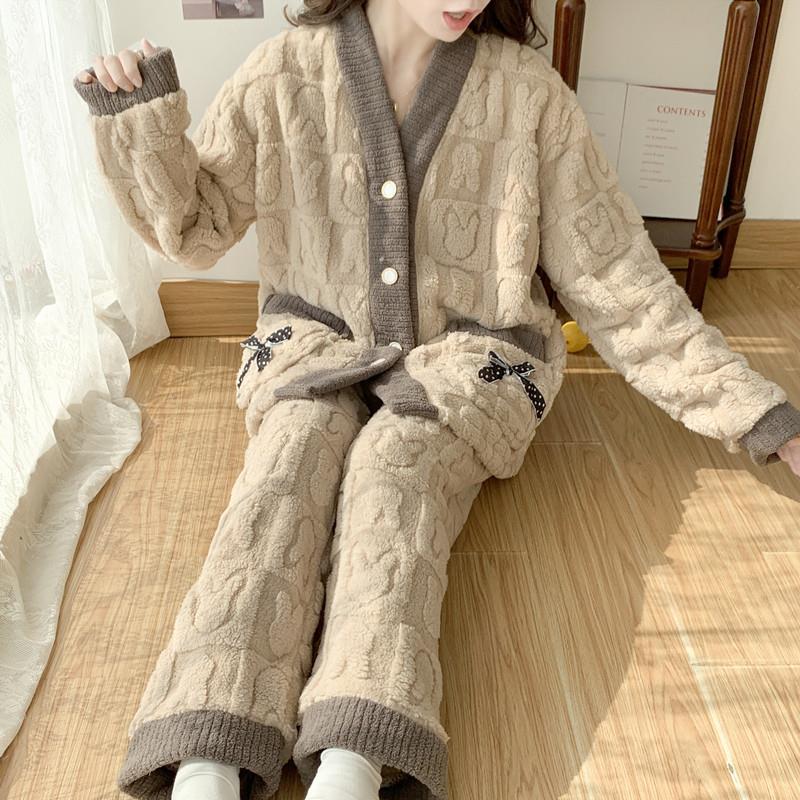 大码珊瑚绒睡衣女200斤冬季加厚家居服法兰绒蝴蝶结加肥加大套装