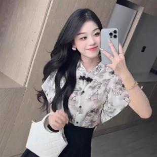 夏季 新款 水墨印花盤扣短袖 獨(dú)特漂亮小衫 減齡上衣女 雪紡襯衫 新中式