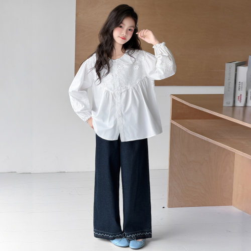 女童秋装休闲套装2026新款洋气春秋韩系娃娃衫长袖衬衫女孩牛仔裤