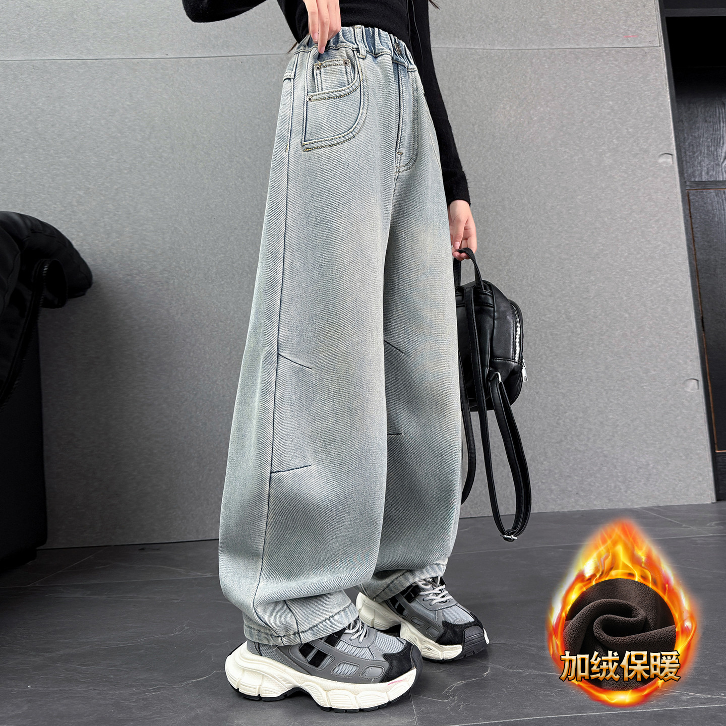 女童冬季加绒牛仔阔腿裤弯刀裤