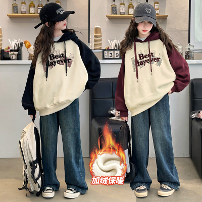 女童冬季加绒加厚卫衣牛仔裤套装