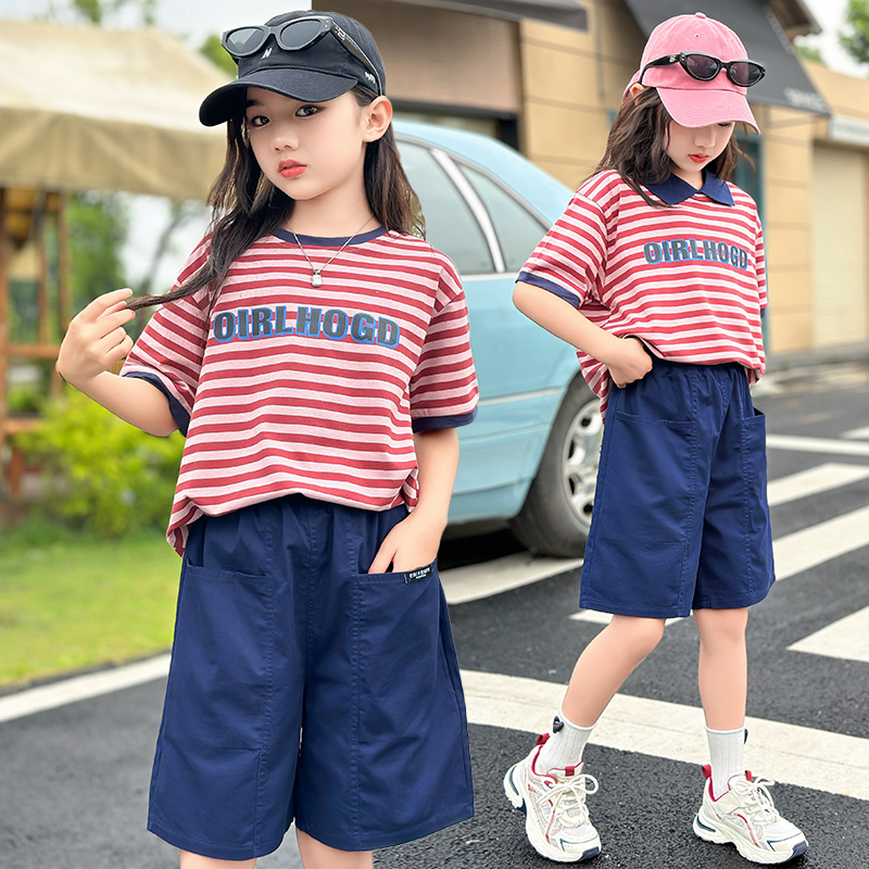女大童夏季短袖条纹牛仔短裤套装