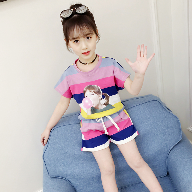 女童短袖套装2022年夏装新款儿童条纹T恤+短裤女孩运动休闲两件套在类目 女装/女士精品, T恤中 - 来自Buy2taobao.com提供专业的淘宝代购服务