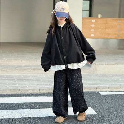 女童春装爆款风衣外套碎花裤套装