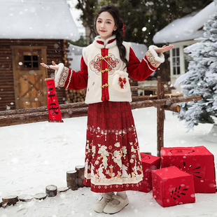 洋气国风新年汉服裙小女孩加厚拜年服 2025新款 女童冬季 马面裙套装